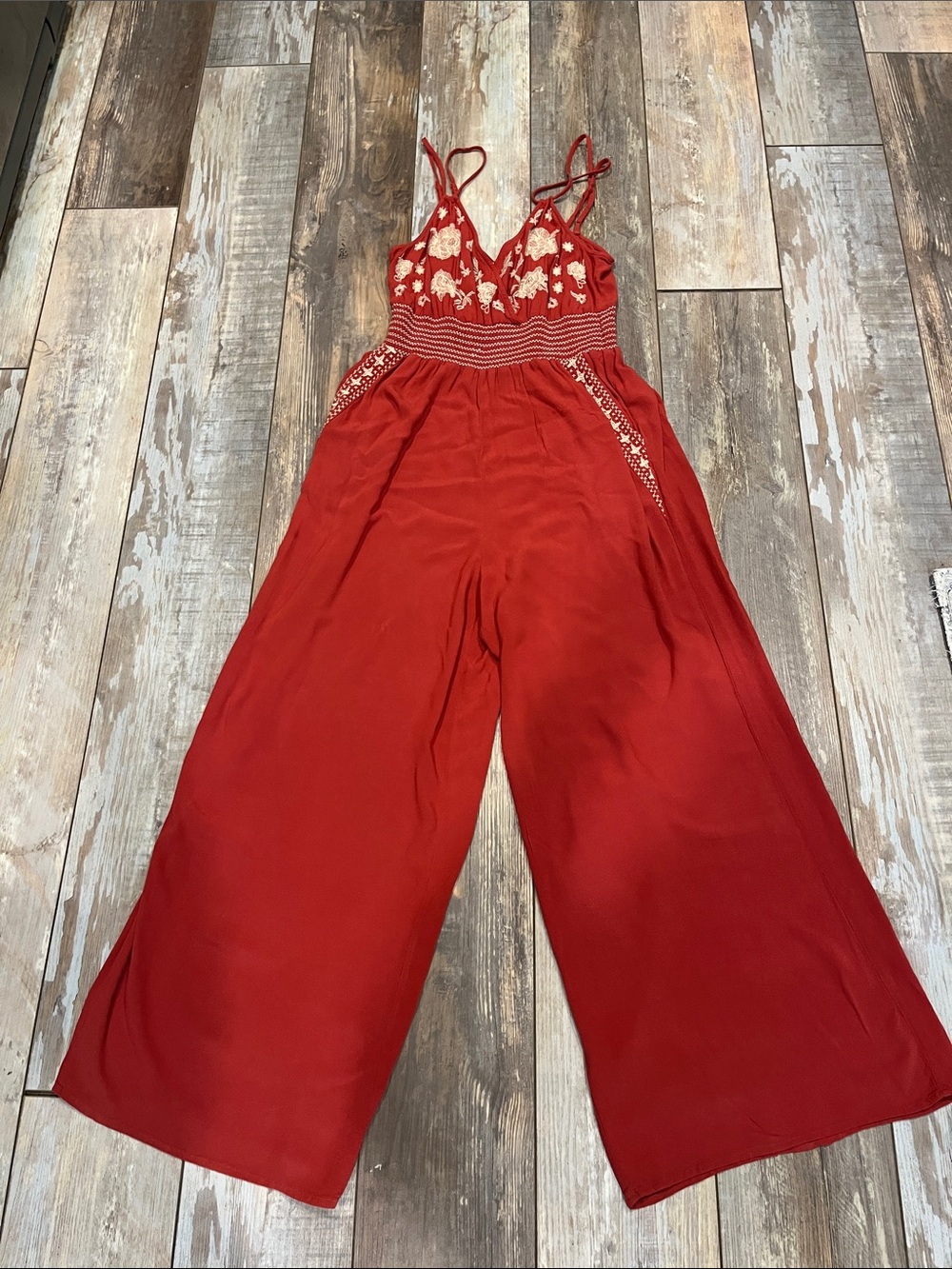 Embroidered American Eagle Burnt Orange Wide-Leg Jumpsuit